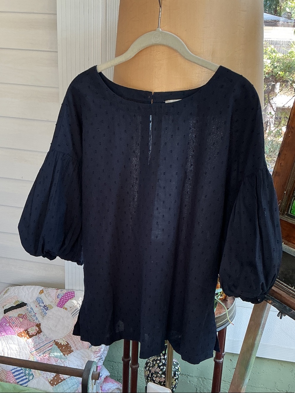LOFT Navy Puff-Sleeve Dot Blouse